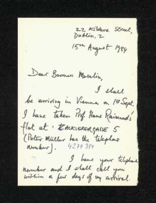 Autograph Card Michael O'Sullivan to Stella Musulin 1984-08-15