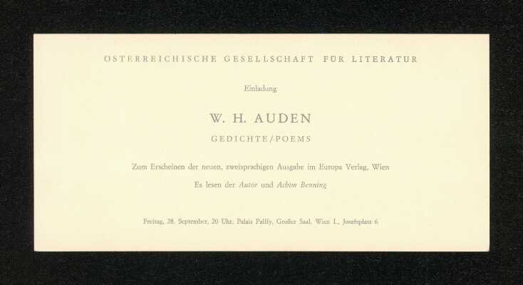 Invitation Card Österreichische Gesellschaft für Literatur Poetry Reading W. H. Auden 1973-01-01--1973-09-28