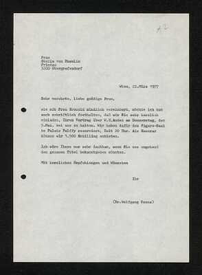 Typed Letter Wolfgang Kraus to Stella Musulin 1977-03-22